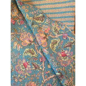 Quilted King Size Bedspread Reversible Floral & Striped Bright Teal Yellow and P